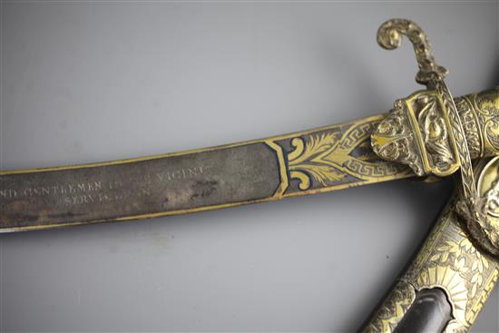 A fine George III silver gilt mounted presentation sword by Rundell, Bridge and Rundell, length 35in.